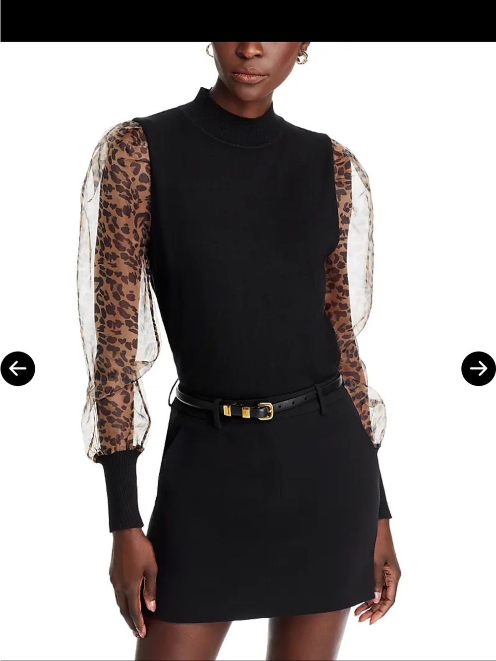 NWT Sioni Black Ribbed Knit Sweater Mock Neck Sheer Leopard Print Sleeves Sz XL